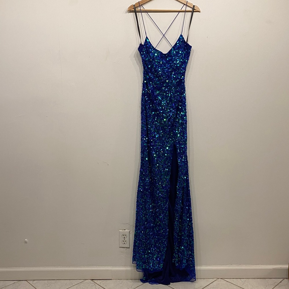 Primavera‎ Blue Green Sequin Prom Gown Lace Up Back Slit Formal Dress Womens 14